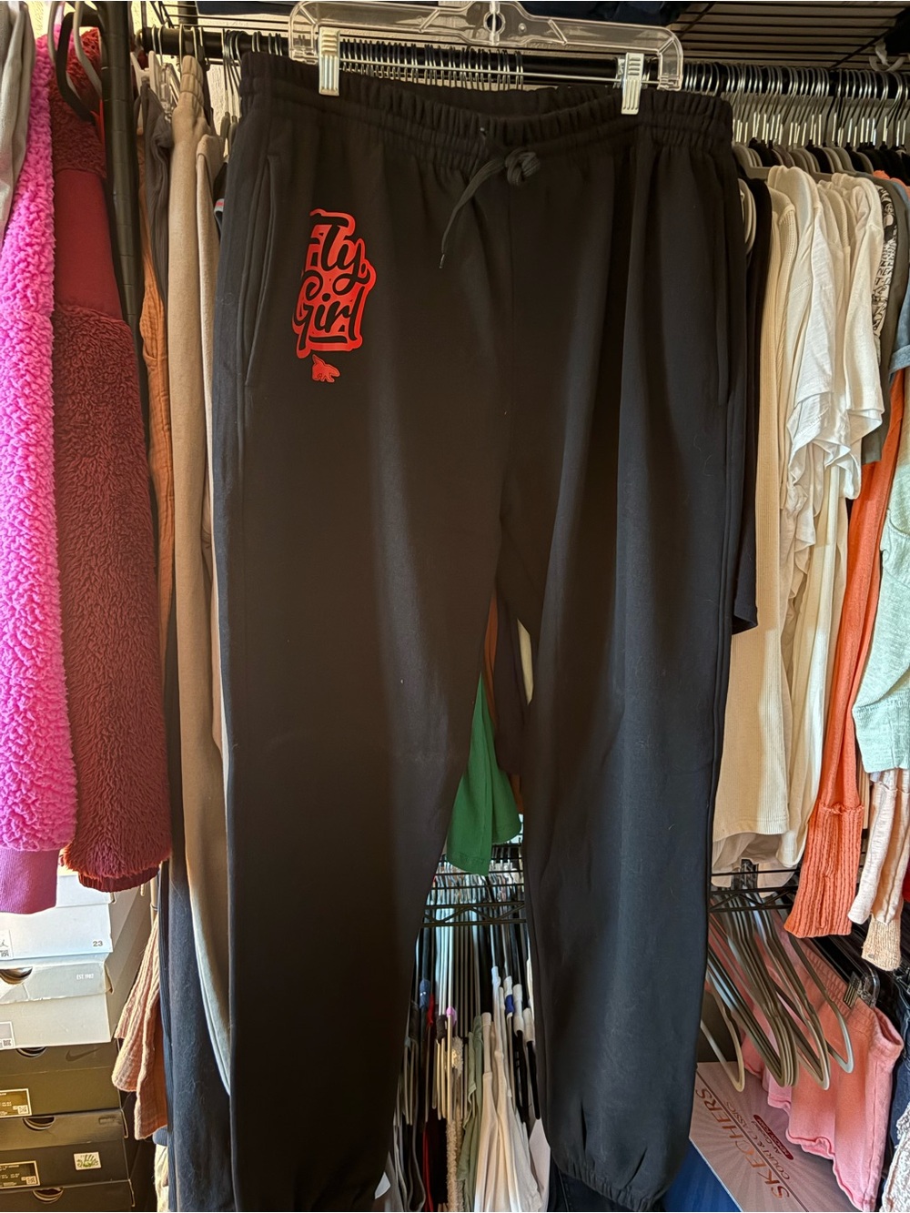 Black Jogger Pants with Red 'Fly Girl' Script